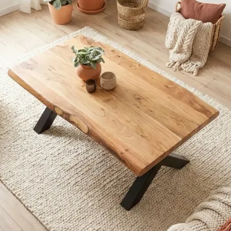 Table basse acacia live edge CANOPIA 110cm pieds X noir