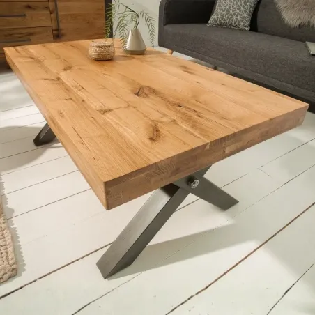 Table basse industrielle chêne massif OKKA 110cm pieds X