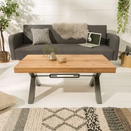 Table basse industrielle chêne massif OKKA 110cm pieds X