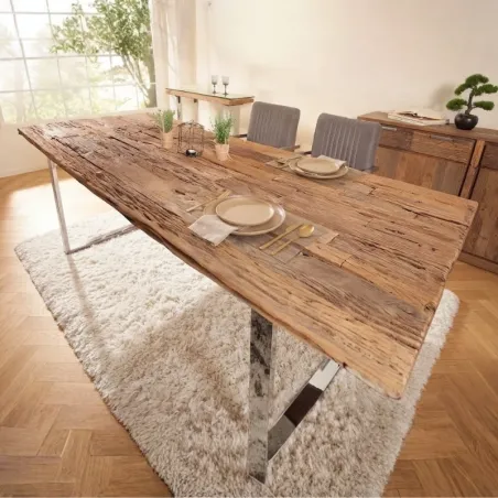Table à manger bois recyclé massif CARGO pieds U inox