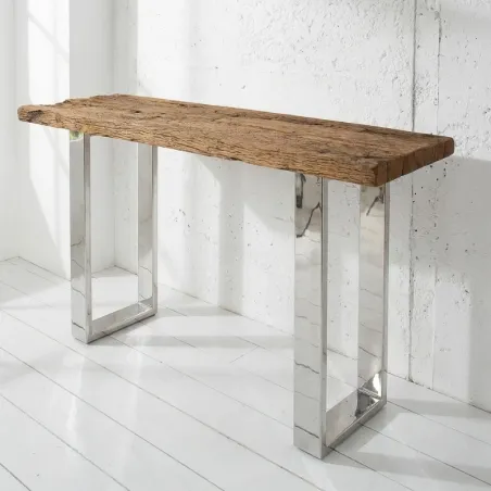Console bois recyclé massif CARGO 120cm pieds U inox