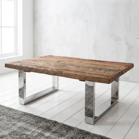 Table basse bois recyclé massif Cargo 110cm pieds U inox