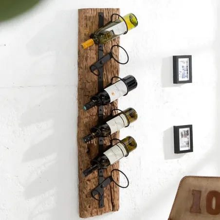 Étagère à vin murale bois recyclé massif CARGO 100cm 6 bouteilles