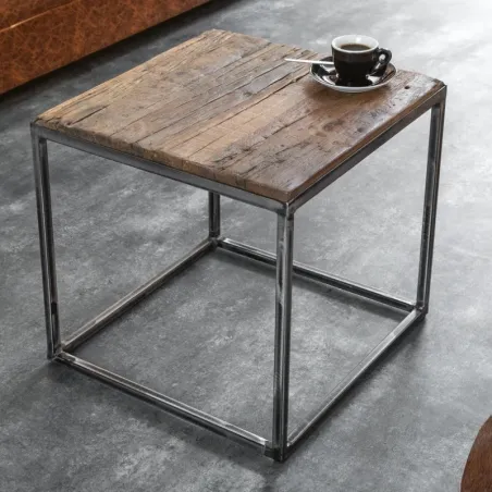 Table d'appoint carrée en bois recyclé massif CARGO 40cm pied métal