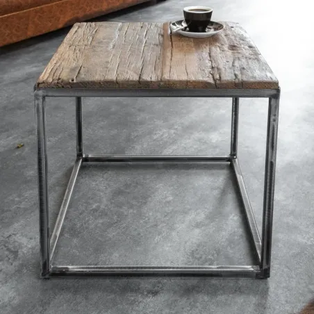 Table d'appoint carrée en bois recyclé massif CARGO 40cm pied métal