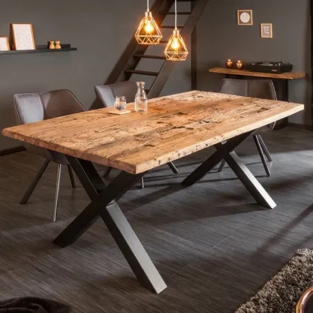 Table à manger bois recyclé massif CARGO 180cm pieds X métal