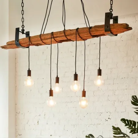 Suspension bois recyclé massif CARGO 152cm 5 ampoules