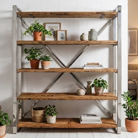 Bibliothèque en bois recyclé massif CARGO 141cm pieds inox