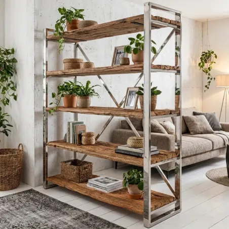 Bibliothèque en bois recyclé massif CARGO 141cm pieds inox