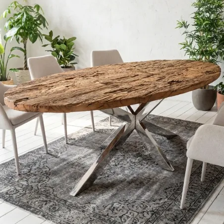 Table à manger ovale bois recyclé massif CARGO 220cm pieds inox