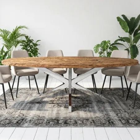 Table à manger ovale bois recyclé massif CARGO 220cm pieds inox