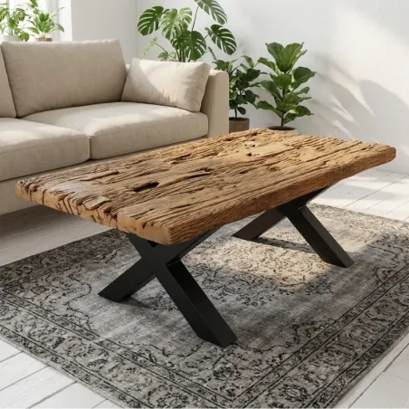 Table basse bois recyclé massif CARGO 110cm pieds X métal