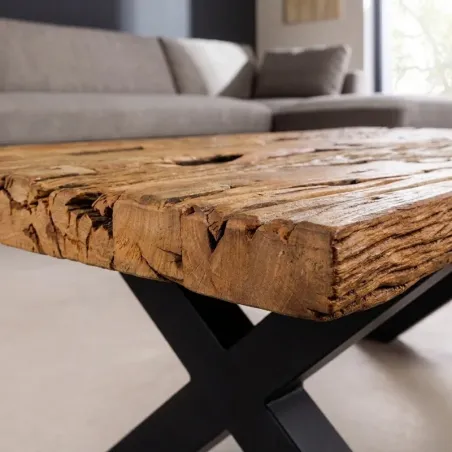 Table basse bois recyclé massif CARGO 110cm pieds X métal