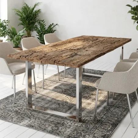 Table à manger bois recyclé massif CARGO pieds U inox