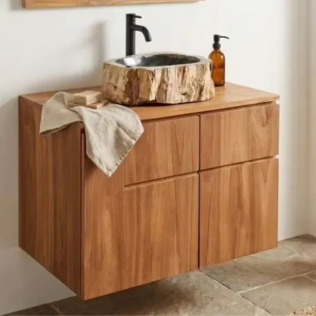 Meuble salle de bain 80cm suspendu teck massif MANDI