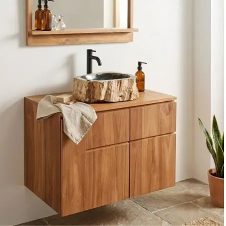 Meuble salle de bain 80cm suspendu teck massif MANDI