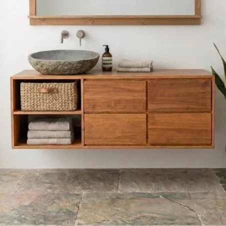 Meuble suspendu salle de bain bois de teck massif MANDI 150cm