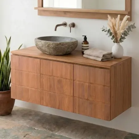 Meuble suspendu salle de bain bois de teck massif MANDI 120cm 3 portes