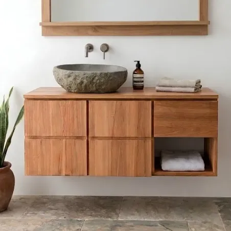 Meuble suspendu salle de bain bois de teck massif MANDI 120cm tiroir