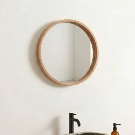 Miroir rond bois salle de bain en teck massif MANDI 50cm