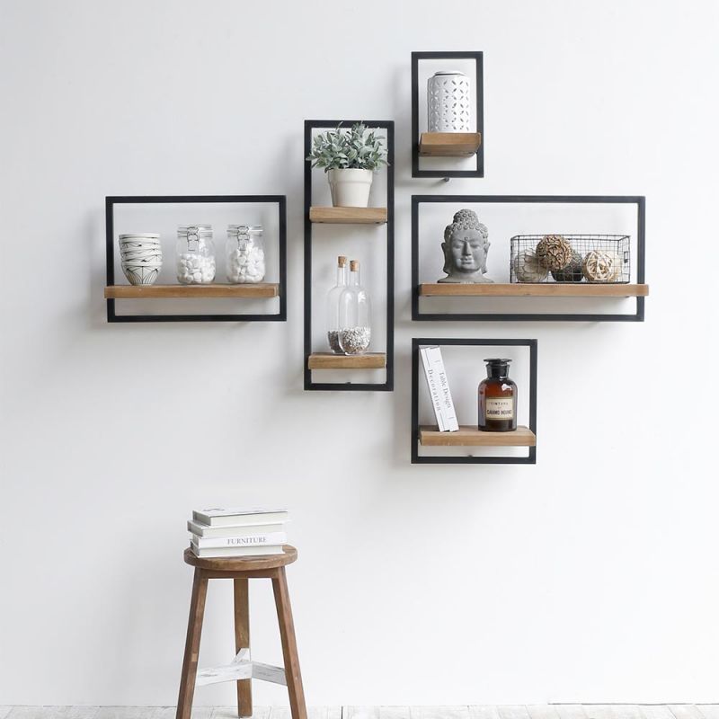 Etagère murale SHELFMATE bois teck massif et métal 35cm