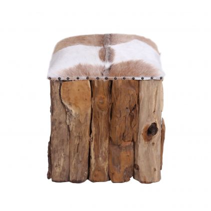 Pouf bois et peau RACINE TECK 38cm carrée