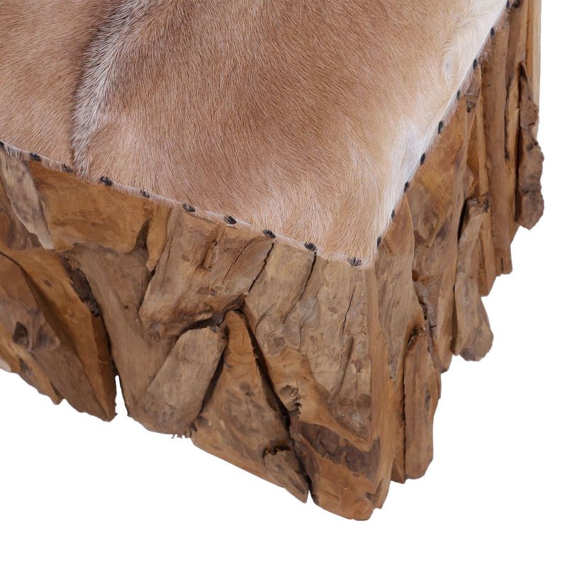 Tabouret naturel bois et peau RACINE TECK 38cm carrée