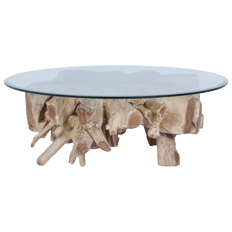 Table basse ronde teck Ø120cm RACINE et verre n87