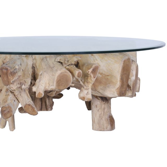 Lampe bois naturel style bois flotté, racine de teck et abat-jour écru