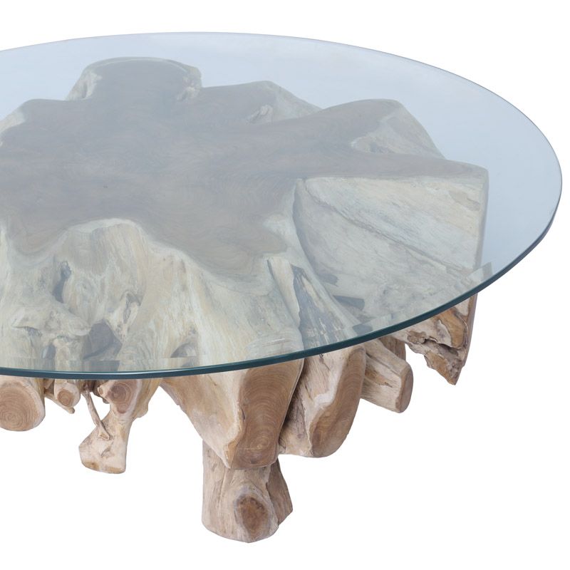 Table basse originale teck Ø120cm RACINE et verre n87
