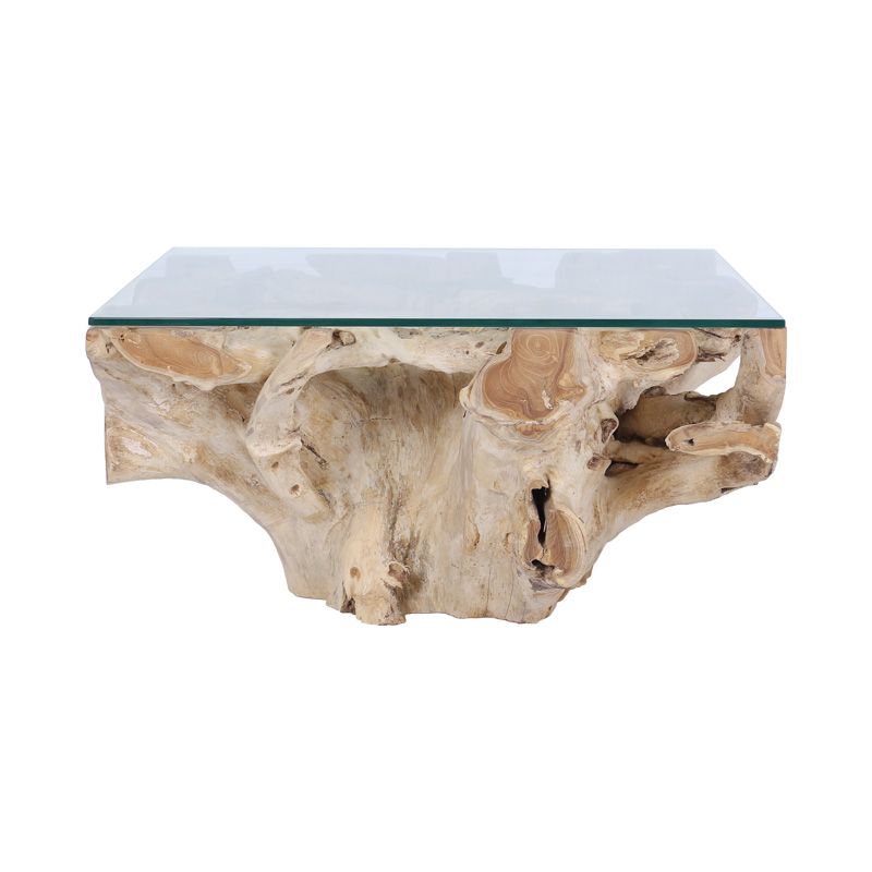 Table basse salon teck carrée 80cm RACINE avec verre n67